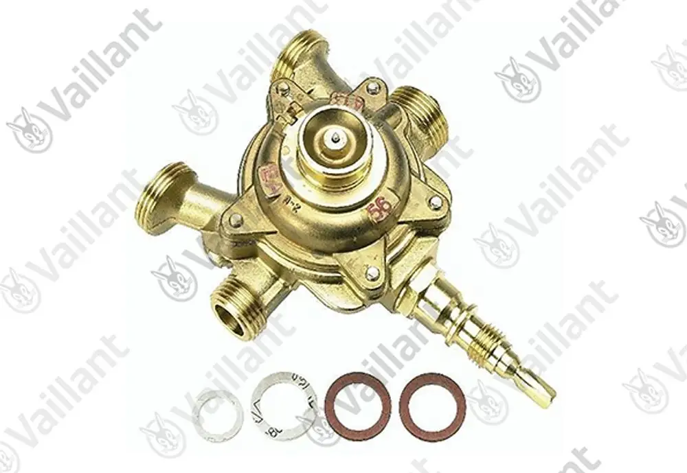 Goldfarbener Vaillant Wasserschalter mit mehreren Anschlüssen, begleitet von Dichtungen. Kunststoffteil mit gewindeförmigem Ende zur Wassersteuerung in Heizsystemen.